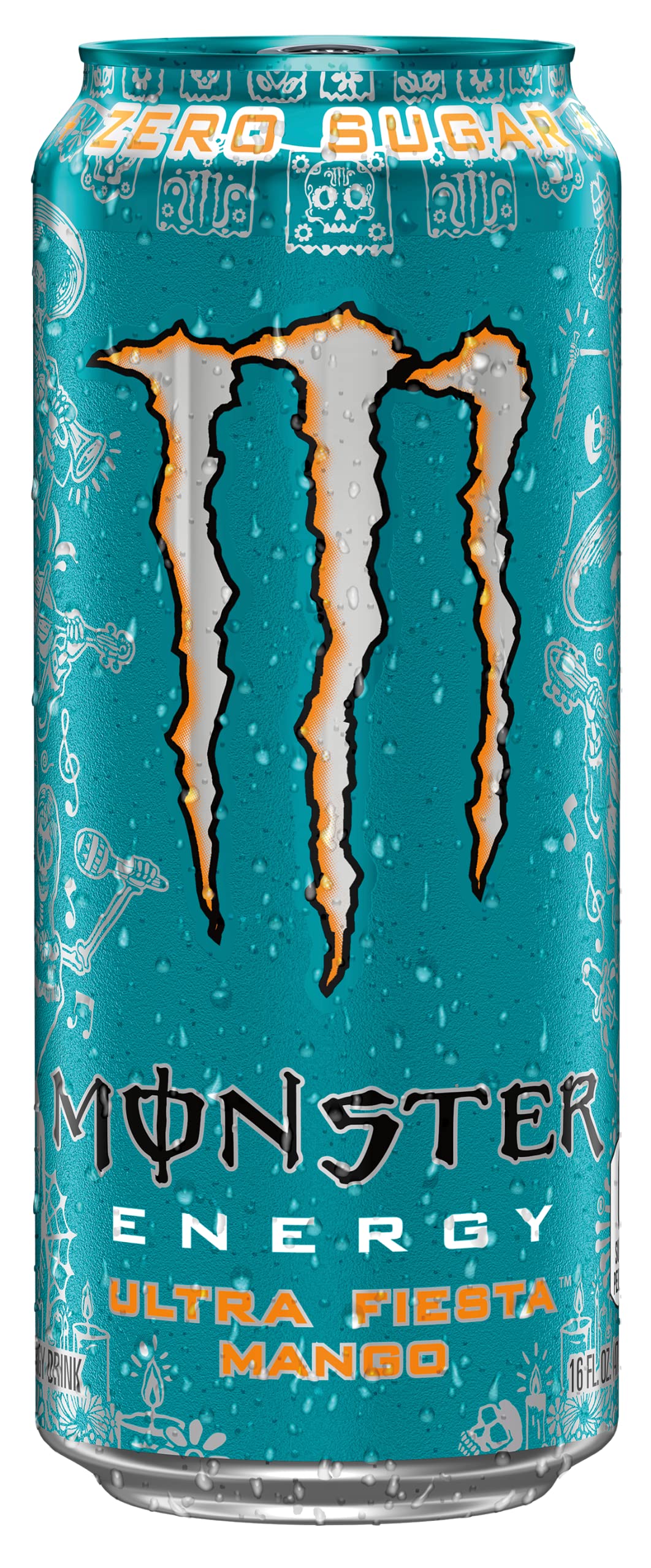 Monster Energy Ultra Fiesta Mango side label highlighting mango flavor and zero sugar.