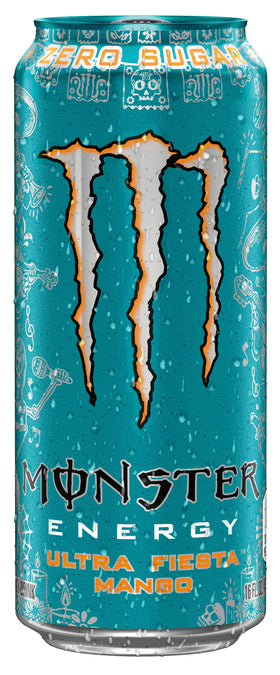 Monster Energy Ultra Fiesta Mango side label highlighting mango flavor and zero sugar.