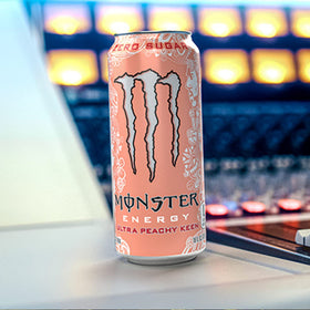 Monster Energy Ultra Peachy Keen 15-pack display emphasizing bold branding and sustained energy