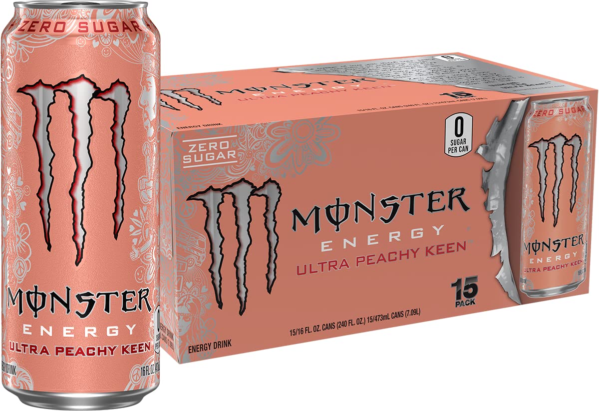 Monster Energy Ultra Peachy Keen 16 oz can, front view, zero sugar energy for on-the-go