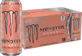 Monster Energy Ultra Peachy Keen 16 oz can, front view, zero sugar energy for on-the-go