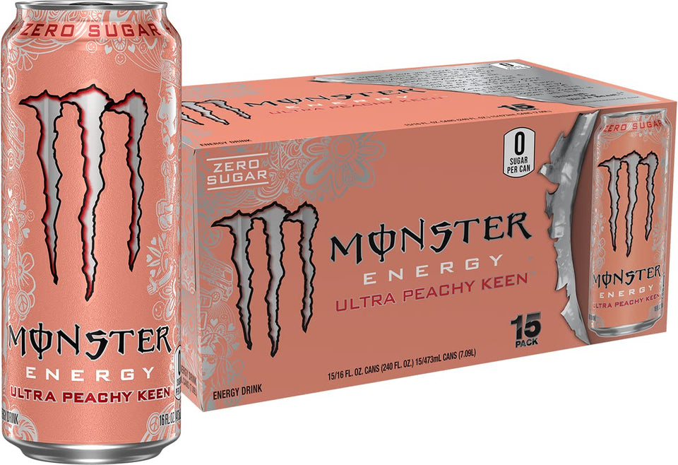 Monster Energy Ultra Peachy Keen 16 oz can, front view, zero sugar energy for on-the-go