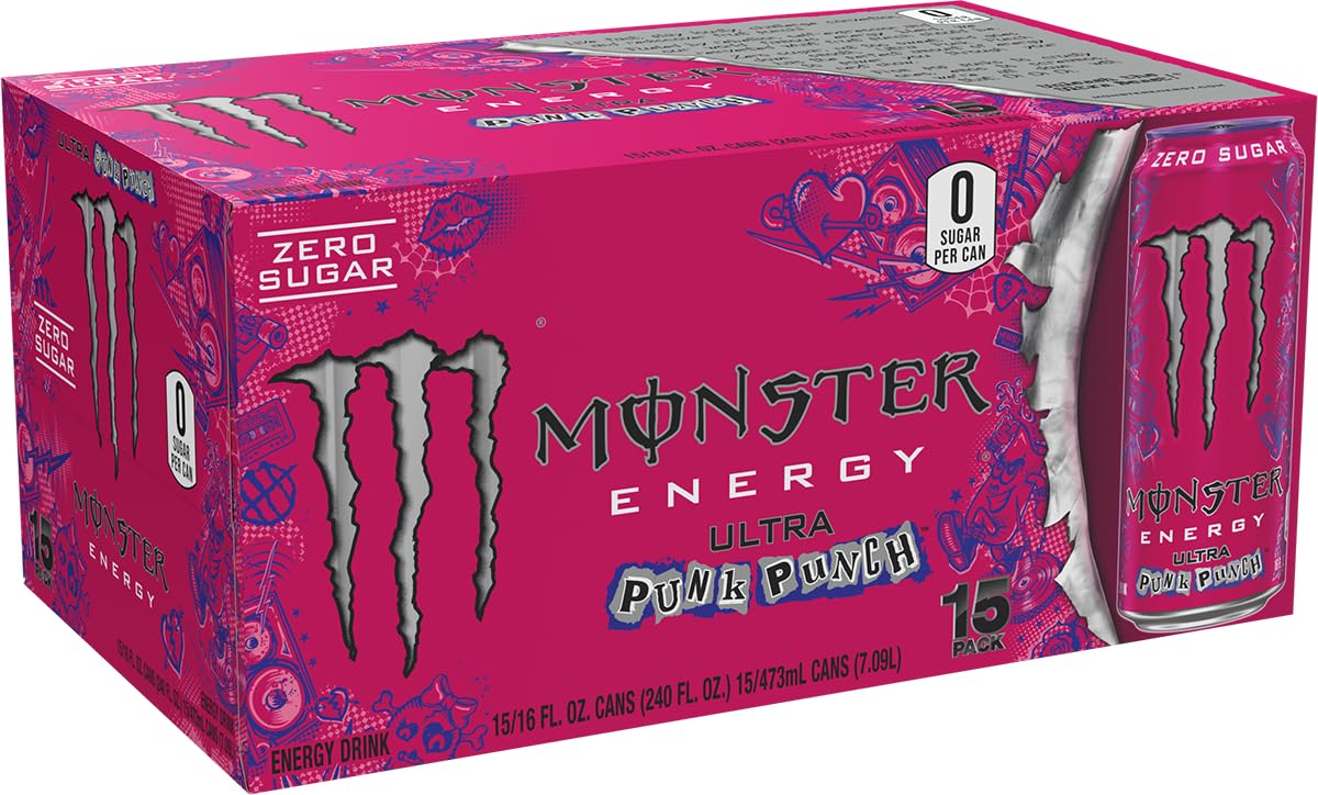 Pack of 15 Monster Ultra Punk Punch cans offering zero sugar option