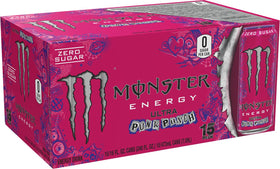 Pack of 15 Monster Ultra Punk Punch cans offering zero sugar option
