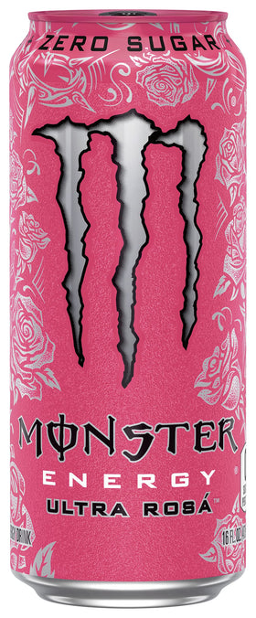 Monster Energy Ultra Rosa can side view highlighting crisp, floral finish for daily energy
