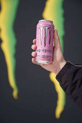 Close-up label highlights Ultra Strawberry Dreams berry flavor and energy blend