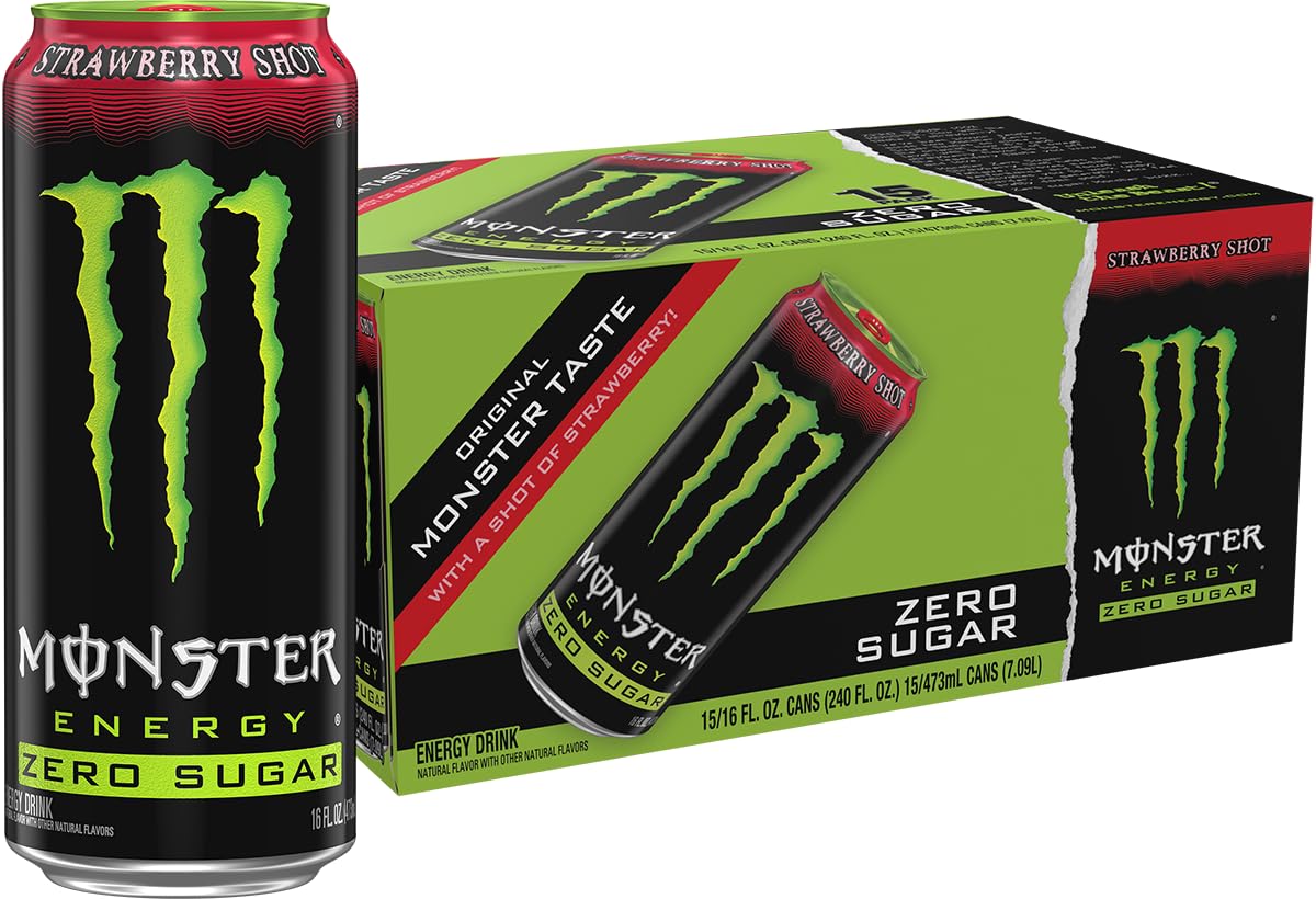 Monster Energy Zero Sugar Strawberry Shot 16oz can on desk ready for focus boost.
