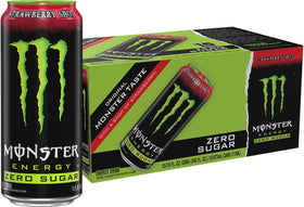 Monster Energy Zero Sugar Strawberry Shot 16oz can on desk ready for focus boost.