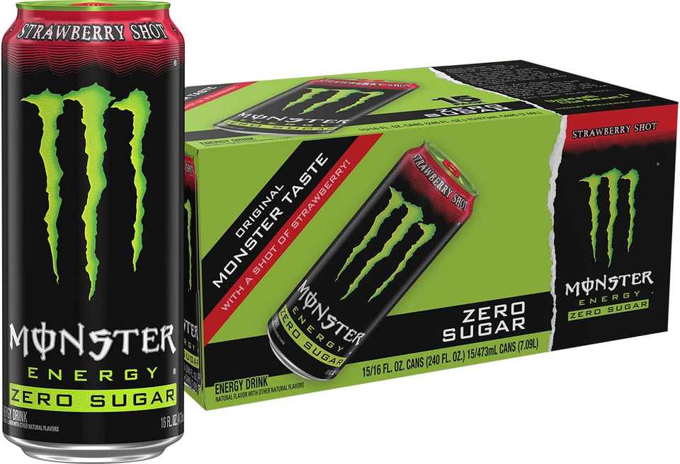 Monster Energy Zero Sugar Strawberry Shot 16oz can on desk ready for focus boost.