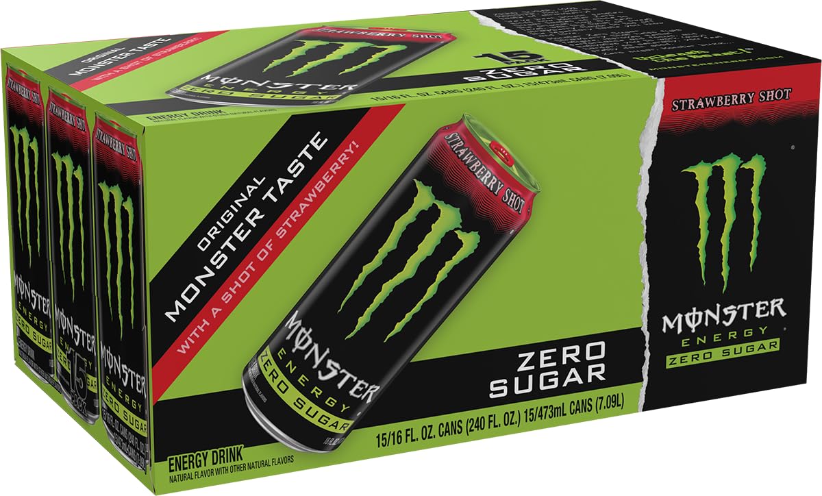 Pack of 15 Monster Energy Zero Sugar Strawberry Shot cans for convenient energy on the go.