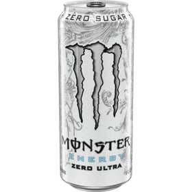 Close-up of Monster Energy Zero Ultra label highlighting zero sugar.