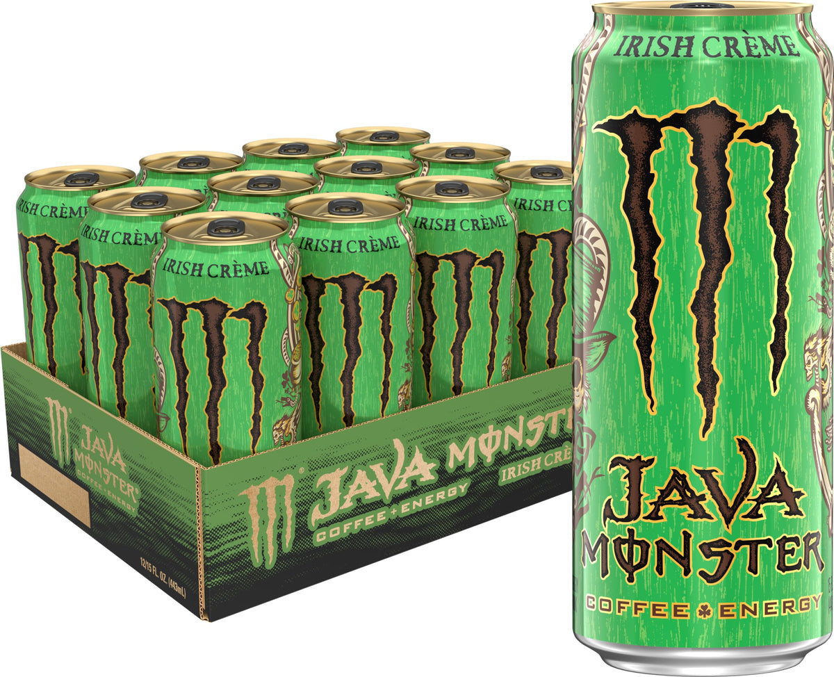 Monster Java Monster Irish Crème can front with gold top and creamy coffee flavor energizing boost