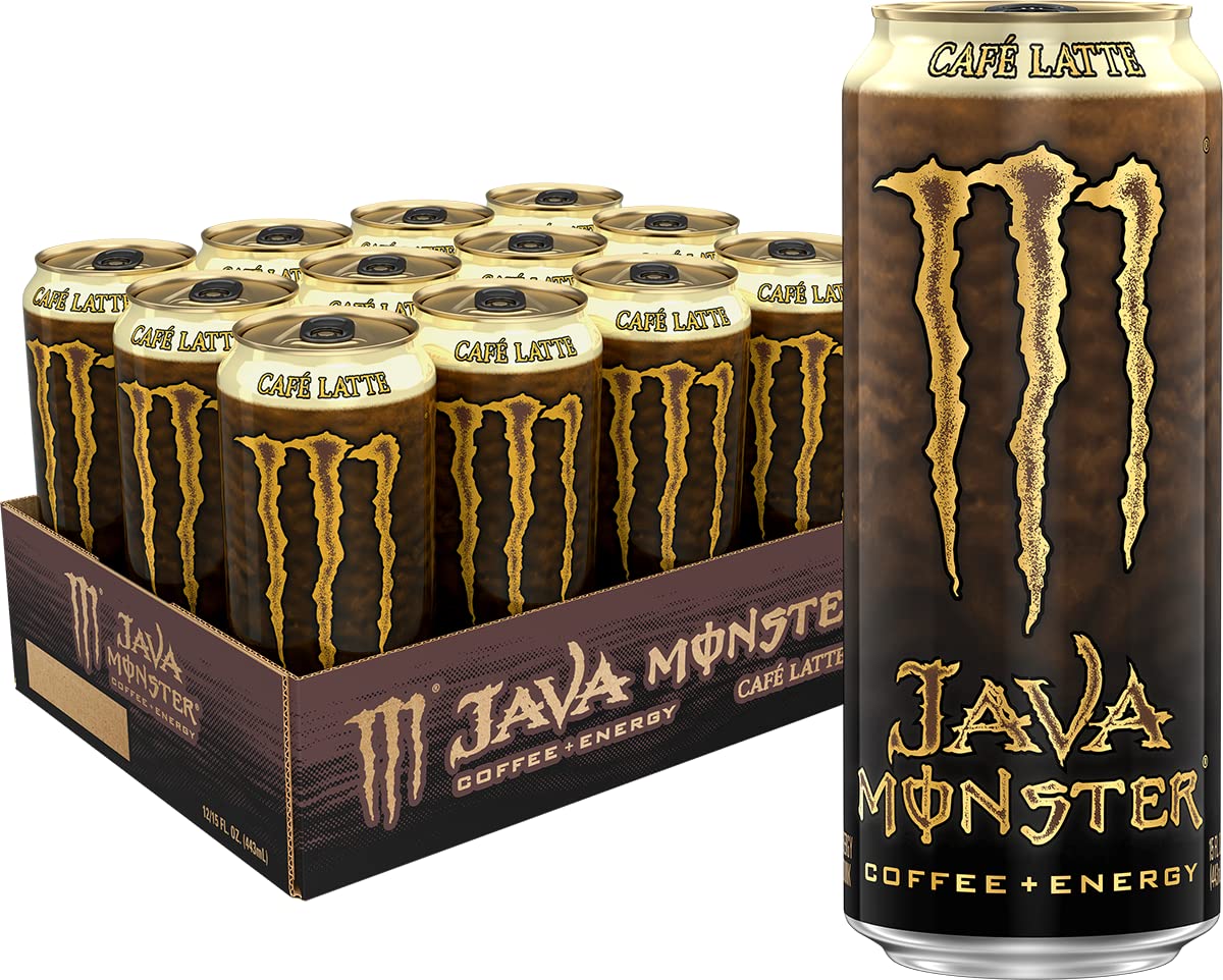 Monster Java Cafe Latte can front view, coffee-forward energy boost for mornings