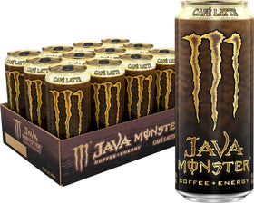Monster Java Cafe Latte can front view, coffee-forward energy boost for mornings