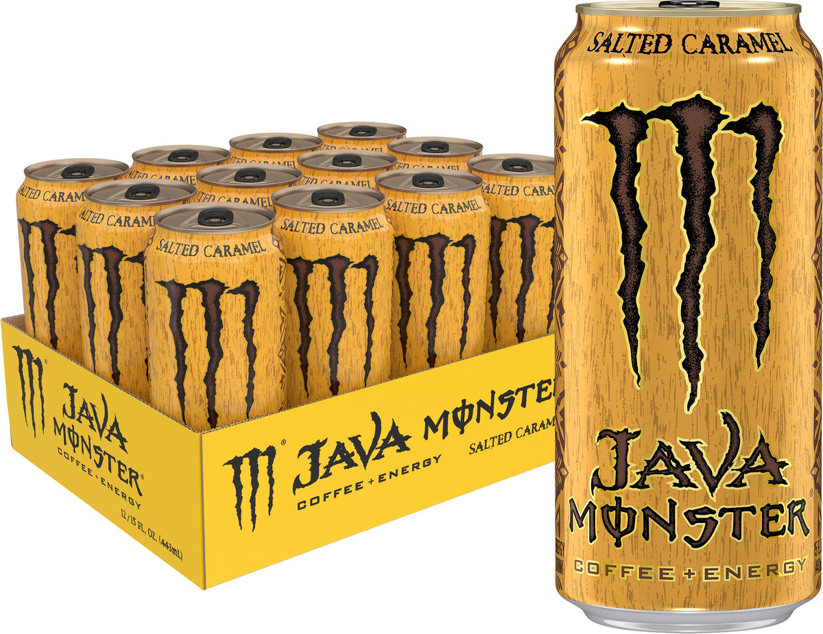 Monster Java Salted Caramel can with euro gold top for a bold energy boost.
