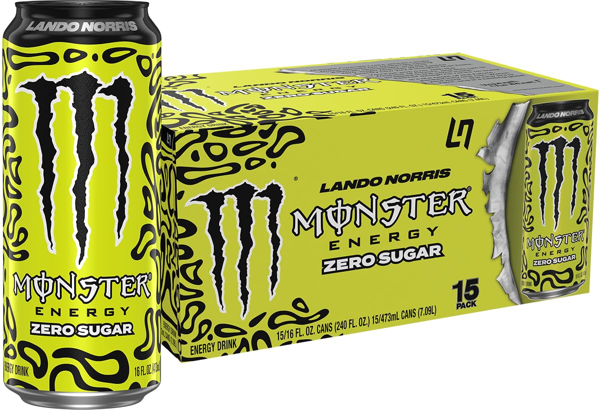 Monster Energy Lando Norris Zero Sugar can front view, bold flavor for quick energy
