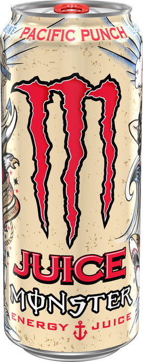 Monster Pacific Punch can pouring into a glass for an outdoor adventure.