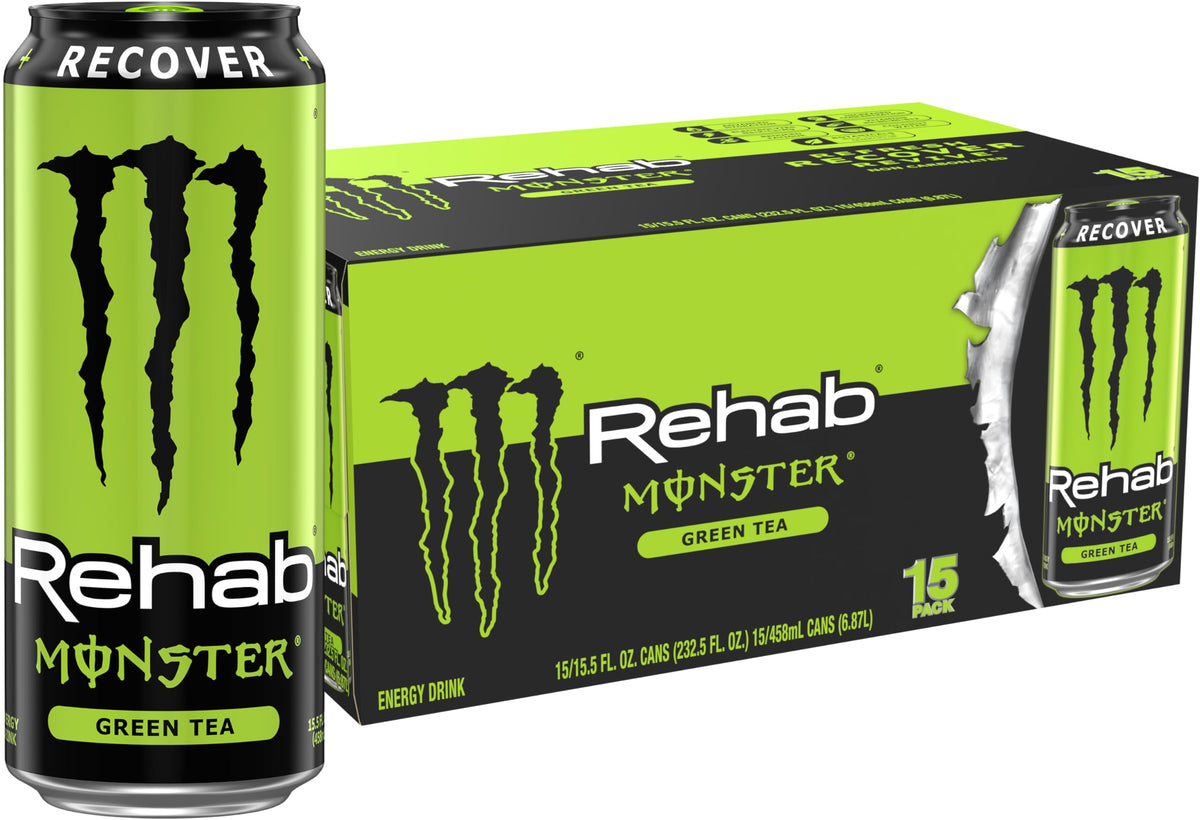 Monster Rehab Green Tea can front view with hydration-focused design.