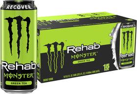Monster Rehab Green Tea can front view with hydration-focused design.