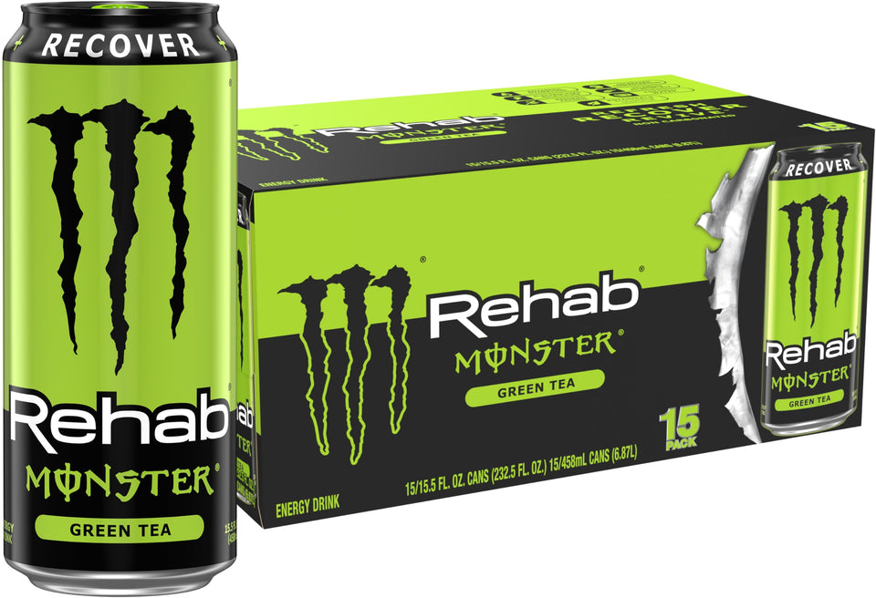 Monster Rehab Green Tea can front view with hydration-focused design.