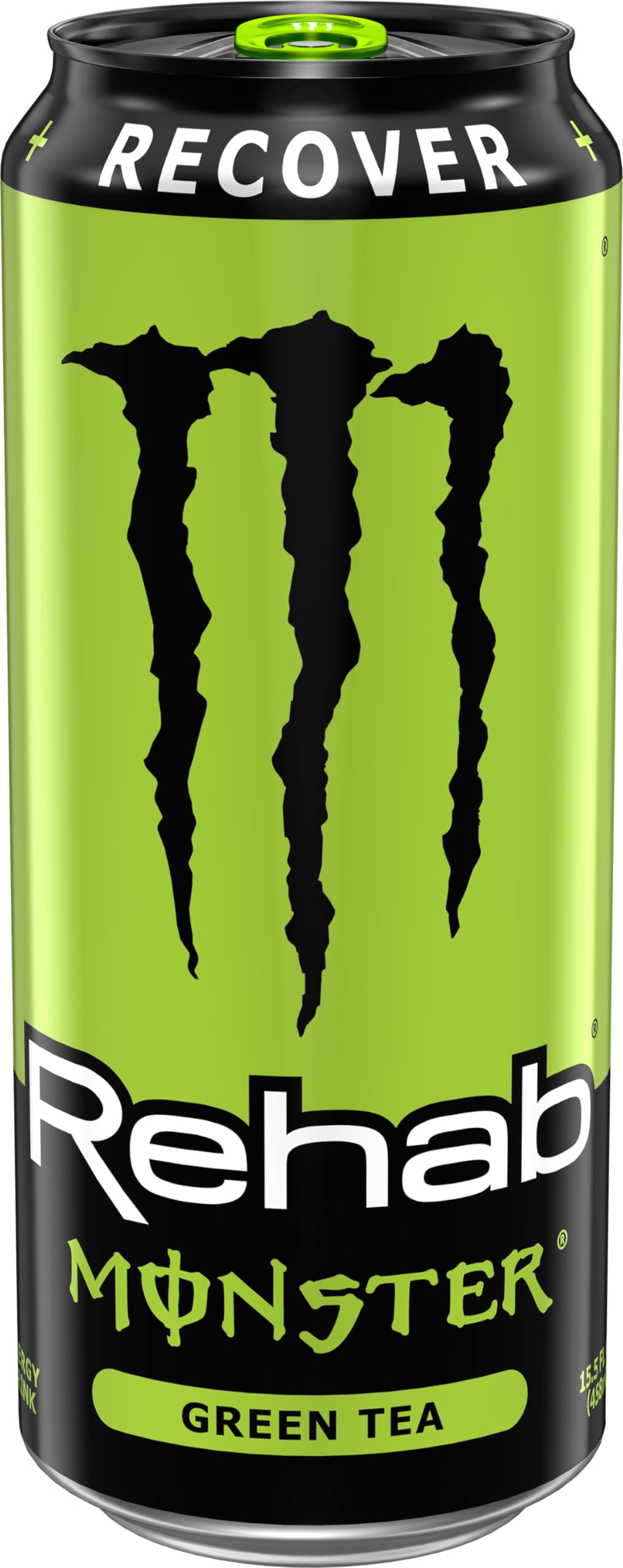 Monster Rehab Green Tea can pouring, showing convenient energy boost.