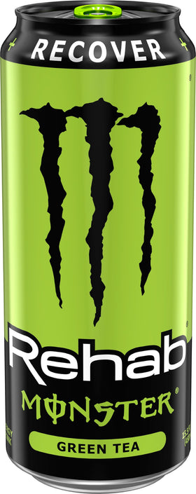 Monster Rehab Green Tea can pouring, showing convenient energy boost.