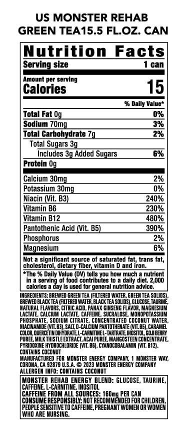 Nutrition label close-up of Monster Rehab Green Tea, highlighting electrolytes and vitamins.