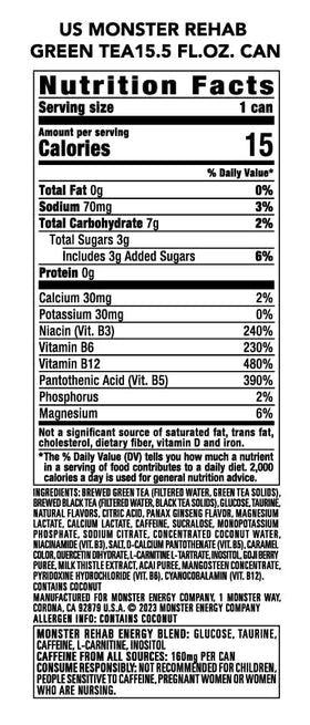 Nutrition label close-up of Monster Rehab Green Tea, highlighting electrolytes and vitamins.