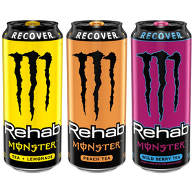Monster Rehab Peach Tea can with peach flavor for hydration and revitalization.