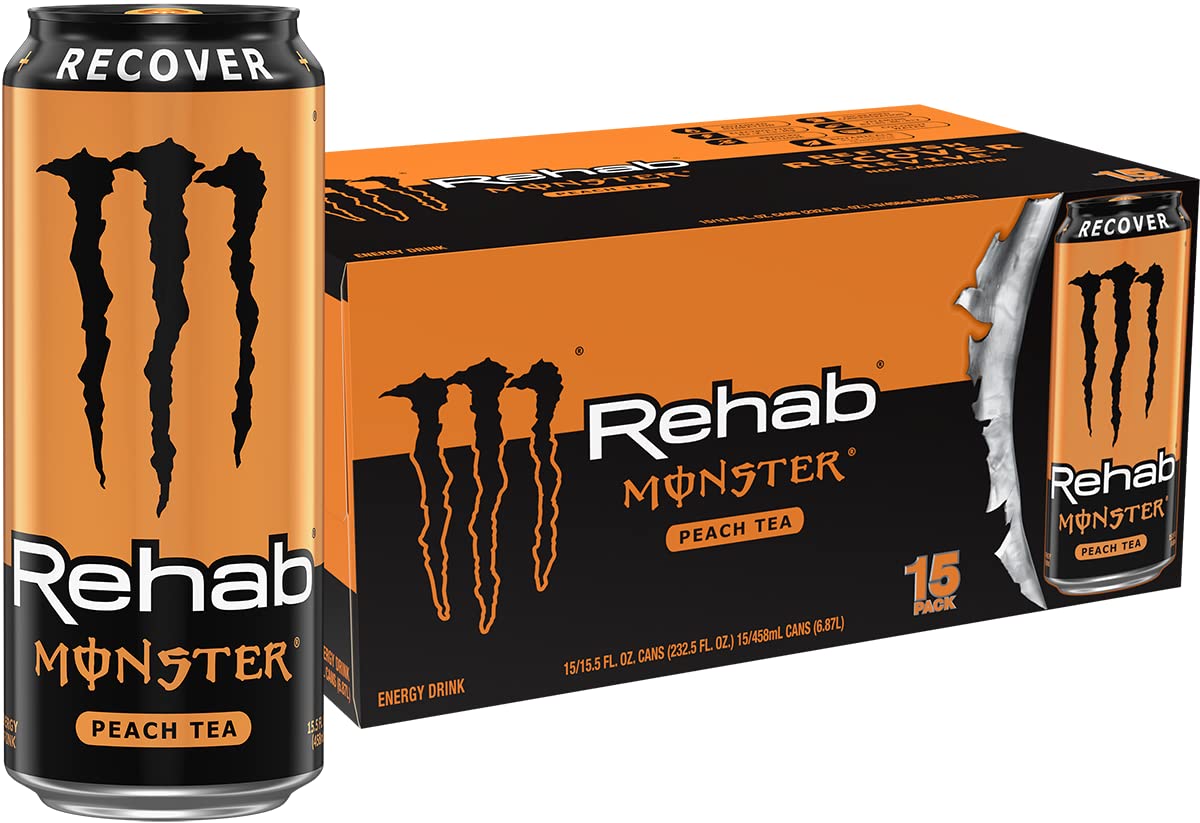 Monster Rehab Peach Tea Energy can with peach aroma and hydration support.