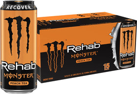 Monster Rehab Peach Tea Energy can with peach aroma and hydration support.
