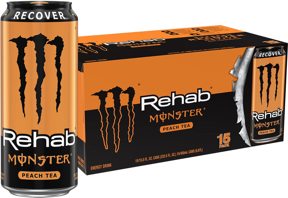 Monster Rehab Peach Tea Energy can with peach aroma and hydration support.