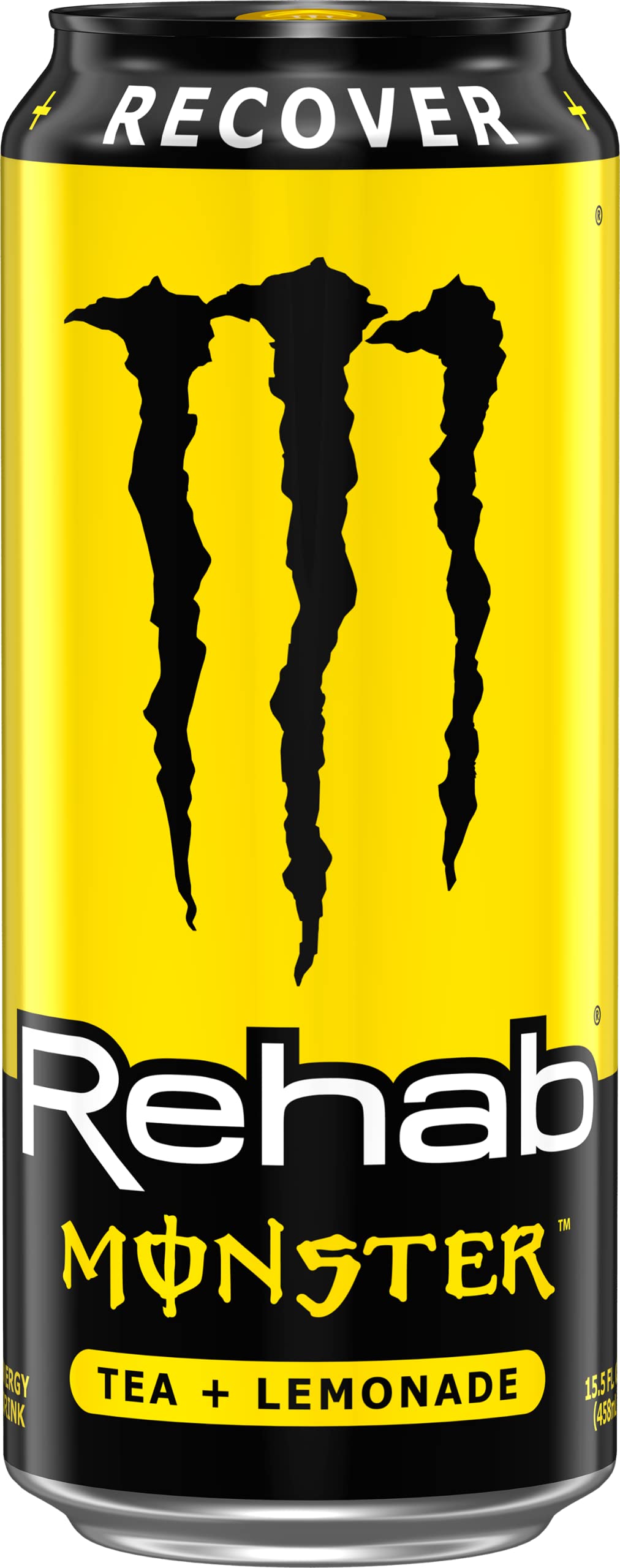 Monster Rehab Tea + Lemonade Energy can close-up shows lemon notes and hydration