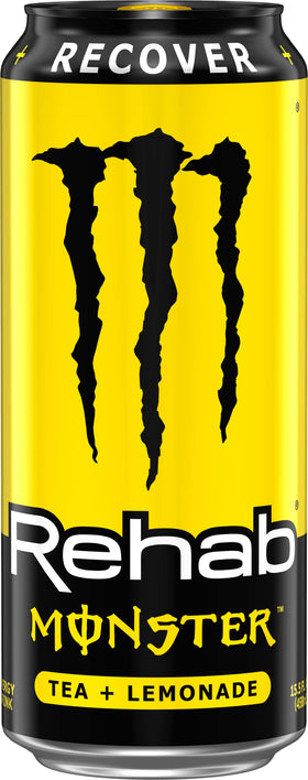 Monster Rehab Tea + Lemonade Energy can close-up shows lemon notes and hydration