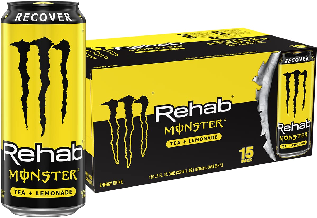 Monster Rehab Tea + Lemonade Energy 15 oz can front view emphasizes caffeine boost
