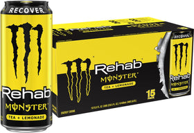 Monster Rehab Tea + Lemonade Energy 15 oz can front view emphasizes caffeine boost