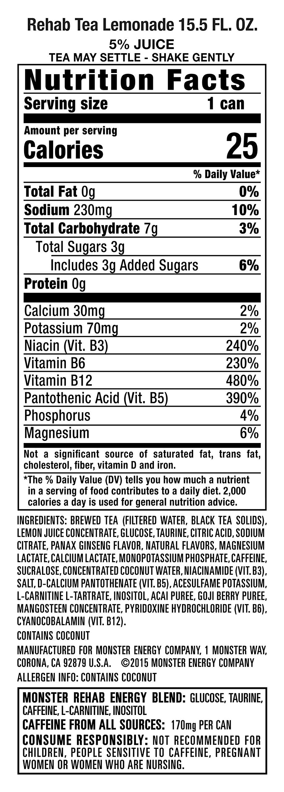 Monster Rehab Tea + Lemonade Energy can tilted beside lemon slice