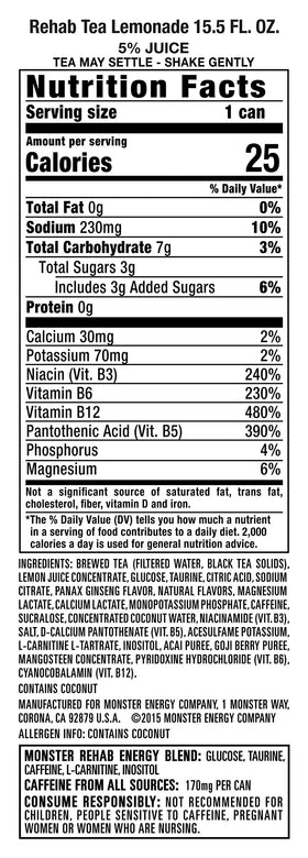 Monster Rehab Tea + Lemonade Energy can tilted beside lemon slice