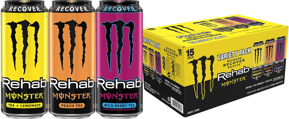 Monster Rehab Tea plus Lemonade can for refreshed focus and hydration.