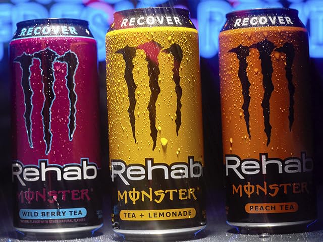 Monster Rehab Variety Pack box showing three tea cans for convenient hydration options.