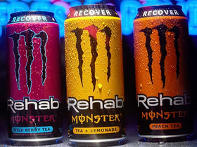 Monster Rehab Variety Pack box showing three tea cans for convenient hydration options.