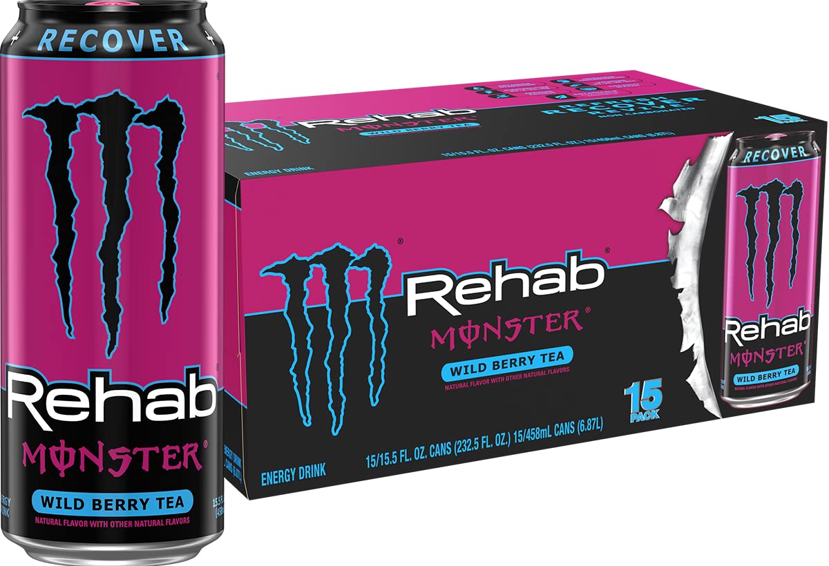 Monster Rehab Wild Berry Tea Energy can front view for quick hydration
