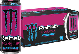 Monster Rehab Wild Berry Tea Energy can front view for quick hydration
