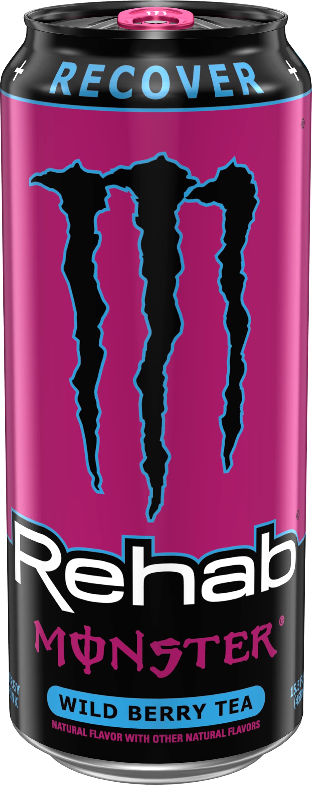Monster Rehab Wild Berry Tea Energy can side view showing portable 15.5 oz size