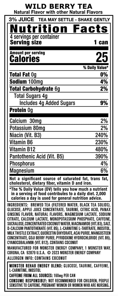 Monster Rehab Wild Berry Tea Energy label closeup highlighting electrolytes and vitamins
