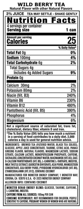 Monster Rehab Wild Berry Tea Energy label closeup highlighting electrolytes and vitamins