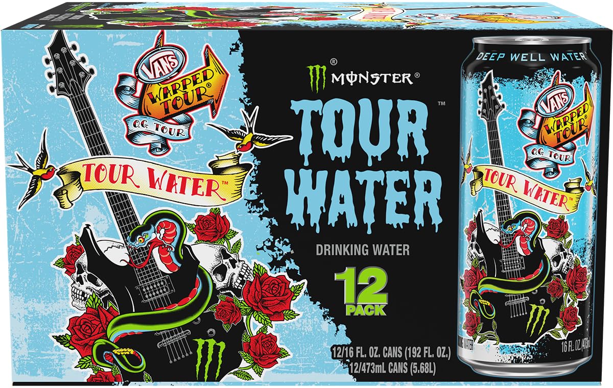 Monster Tour Water 16oz pack of 12 cans ready for workouts and travel.