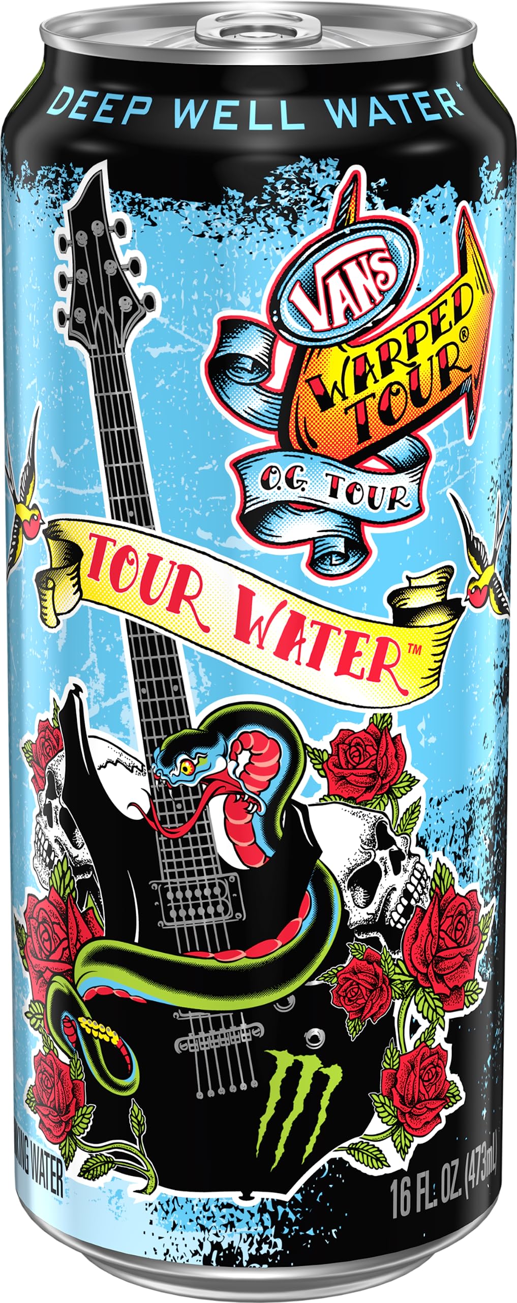 Monster Tour Water can back label notes USA sourcing and local accessibility.