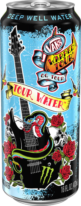 Monster Tour Water can back label notes USA sourcing and local accessibility.
