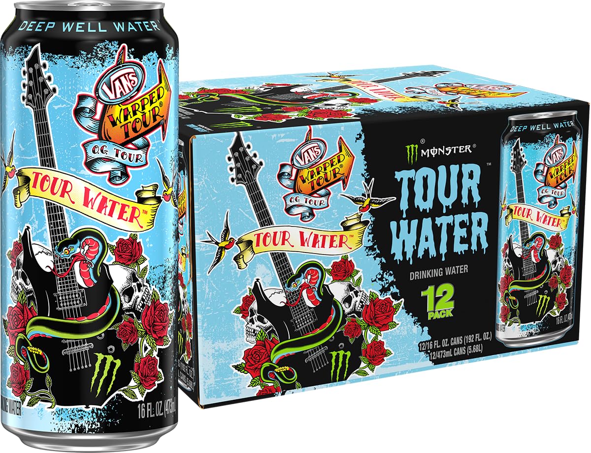 Monster Tour Water can front view highlights the 16oz size and clean hydration.